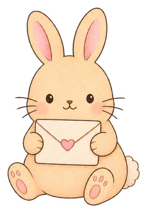 Cute kawaii rabbit sitting and holding an envelope with a small heart seal.