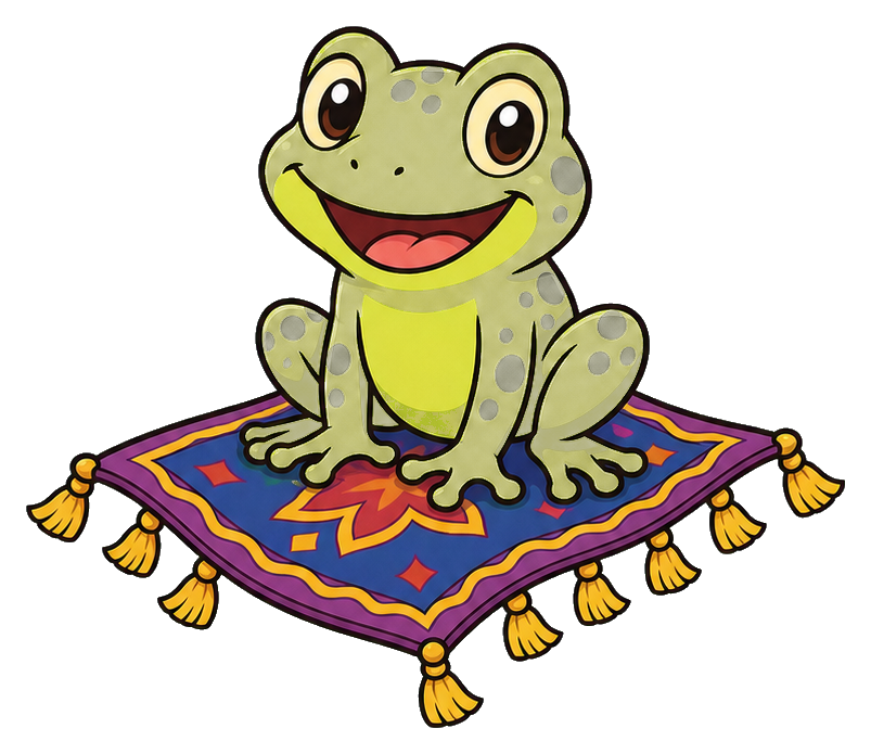 Smiling green frog sitting on a colorful flying carpet with tassels.