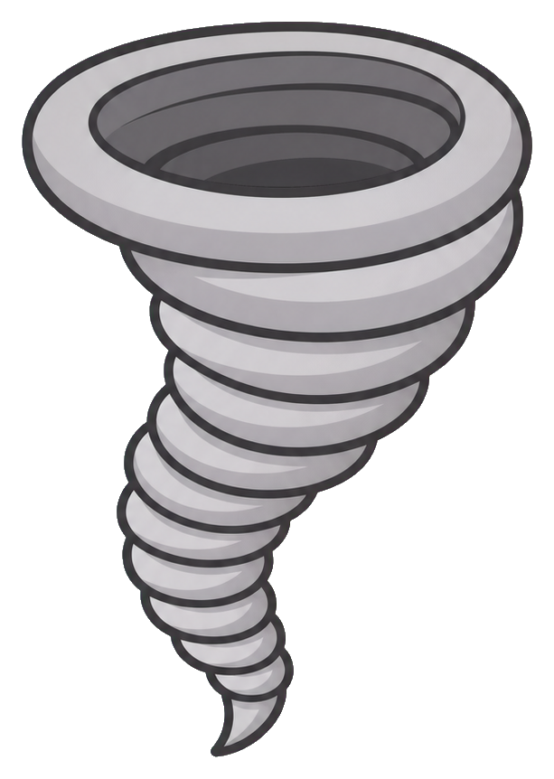 Gray spiral tornado icon with a pointed end on a transparent background.
