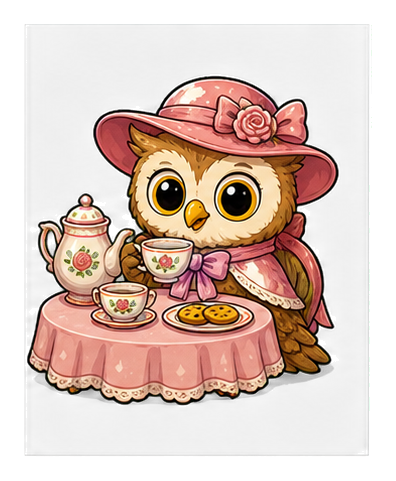 Cute owl wearing a pink hat at a tea party beside teacups and a teapot