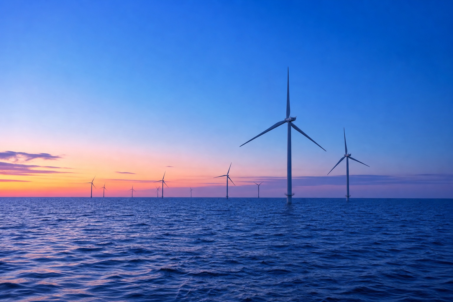 Offshore wind turbines standing in the ocean under a blue hour sunset sky.