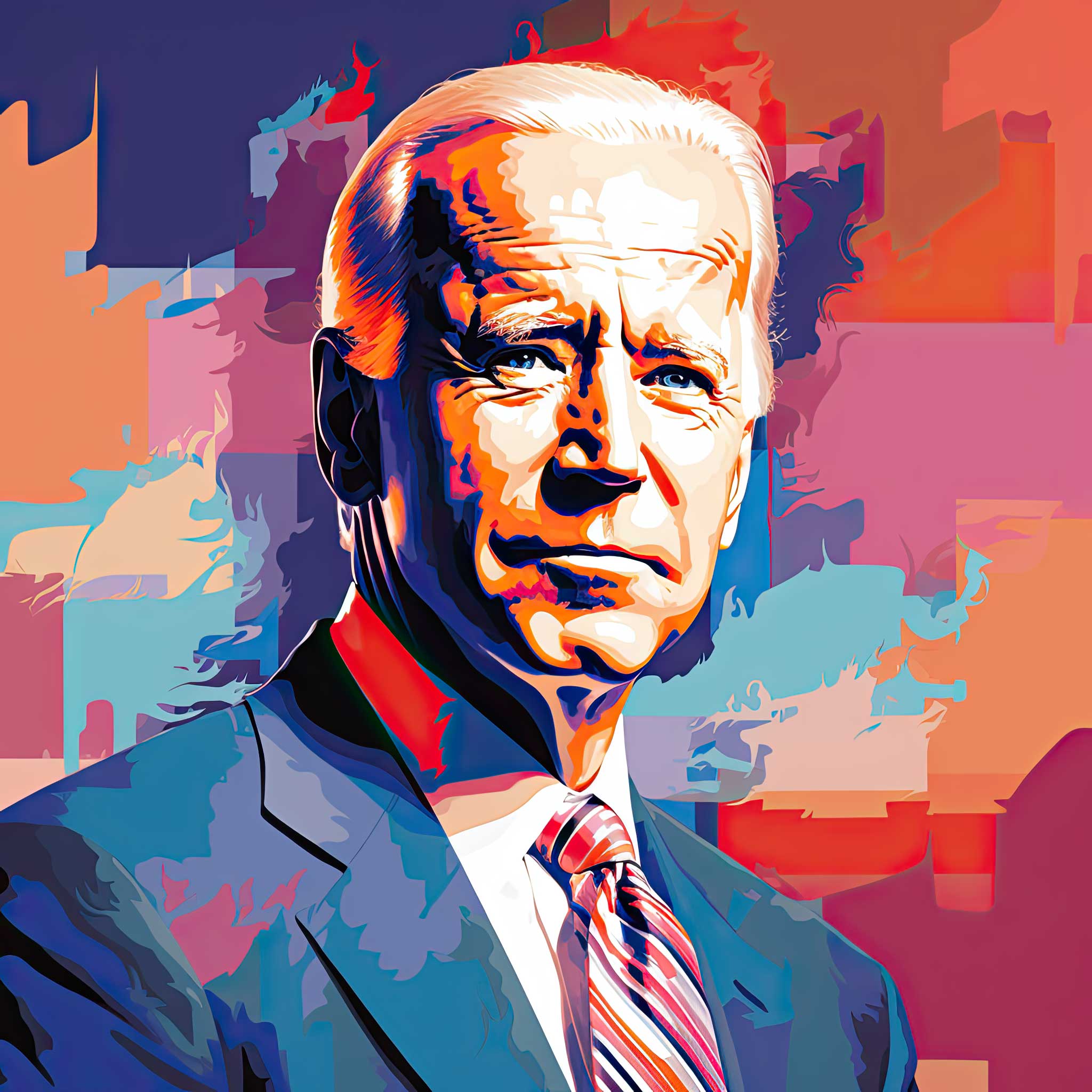 Stylized portrait of Joe Biden in a suit and tie against a colorful abstract background.