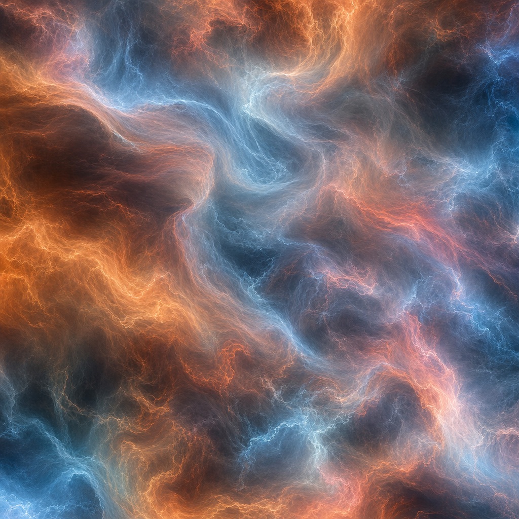 Copper blue and orange plasma-like light currents swirling across a dark abstract background