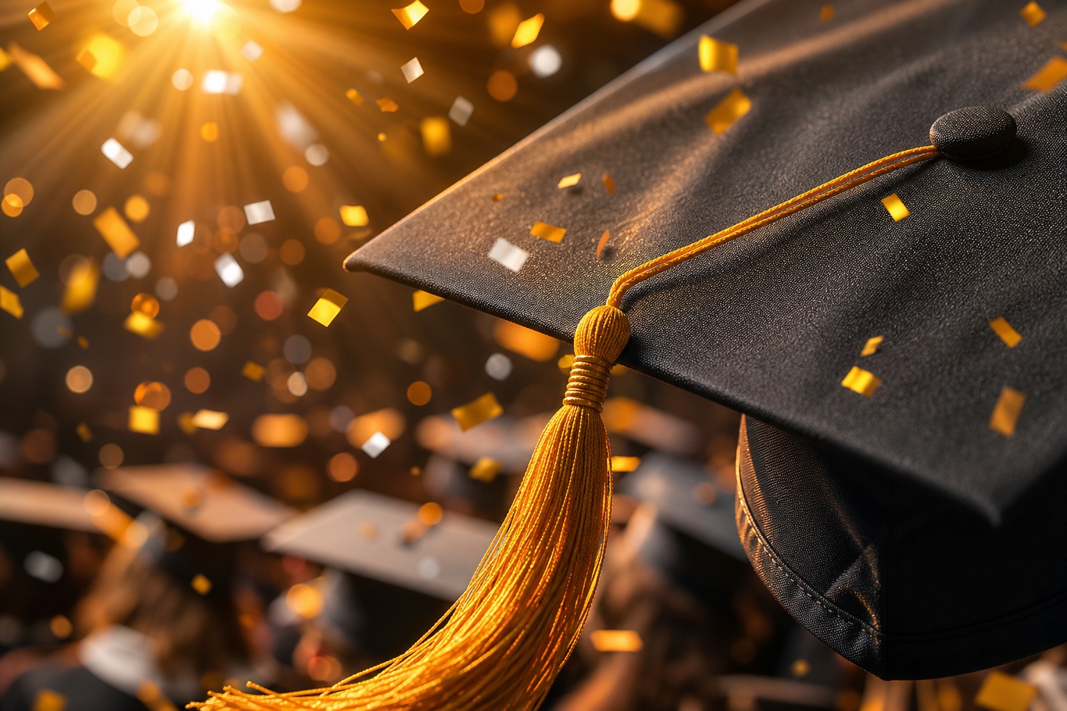 Closeup of graduation caps and tassels with orange confetti falling