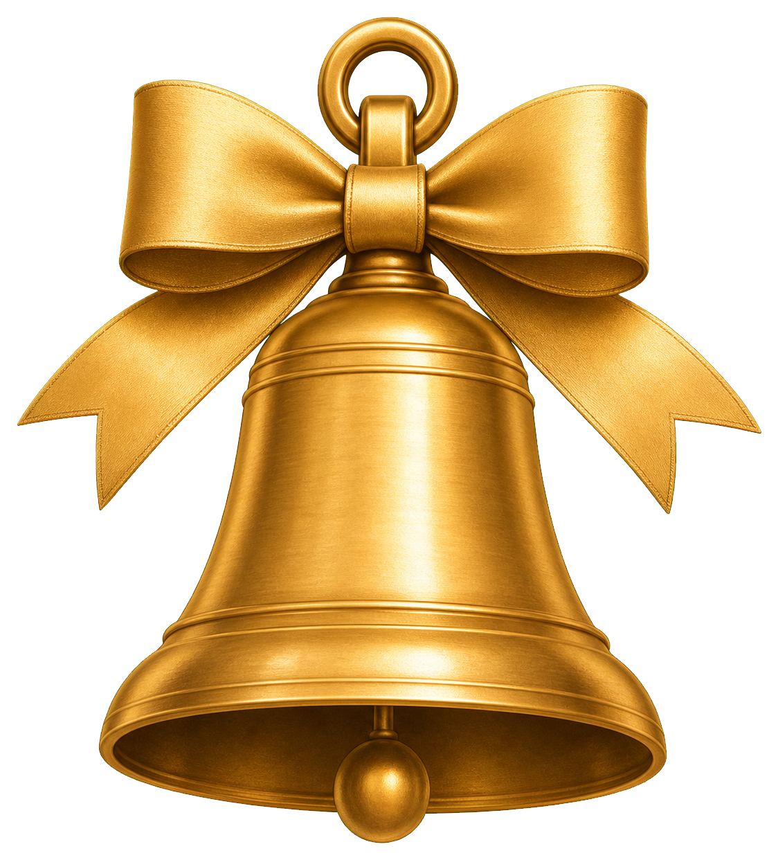 Gold church bell with a ribbon bow and hanging clapper.