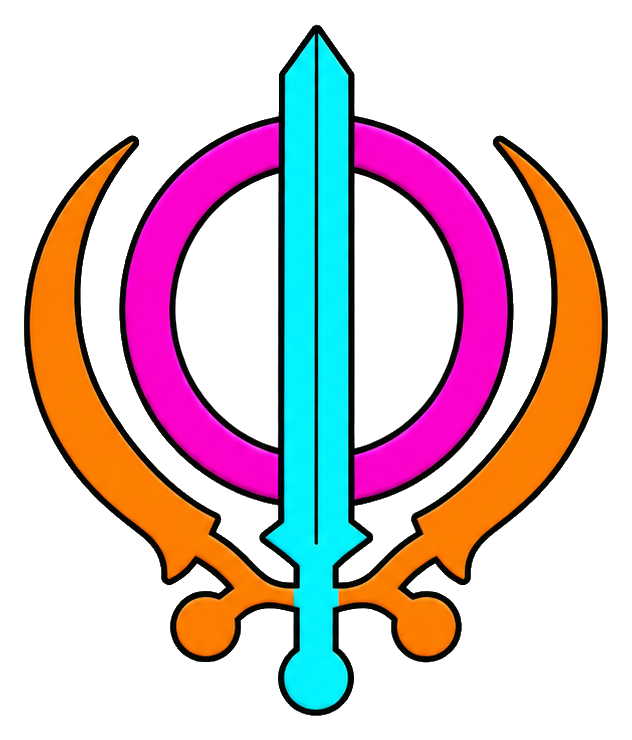 Neon khanda symbol with orange ring, pink circle, and blue sword on black background