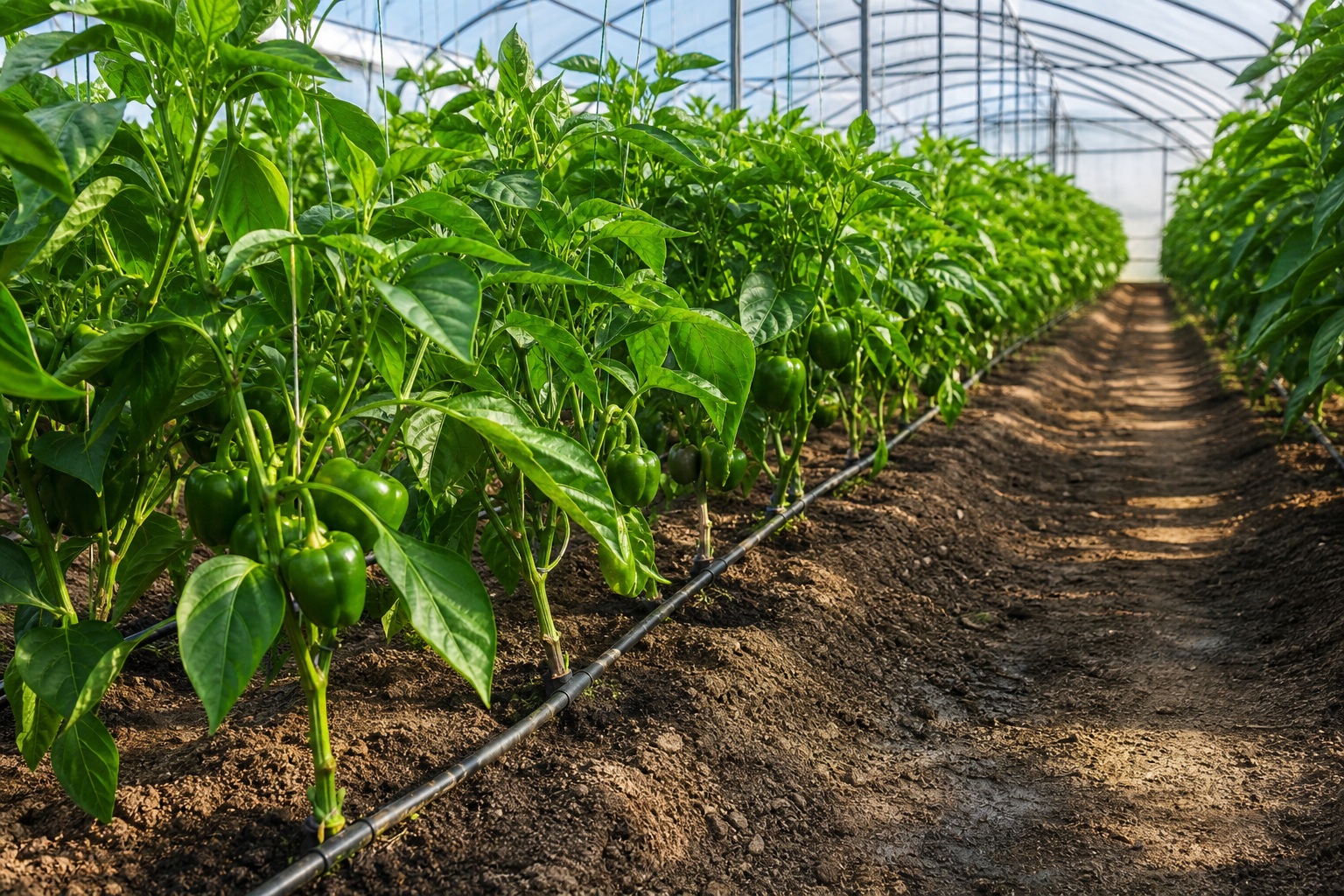 Rows of pepper plants growing inside a greenhouse with drip irrigation and soil paths