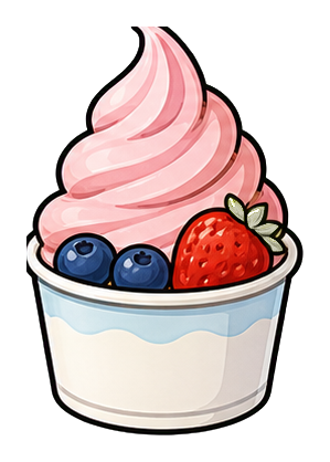 A pink frozen yogurt swirl in a cup with blueberries and a strawberry.