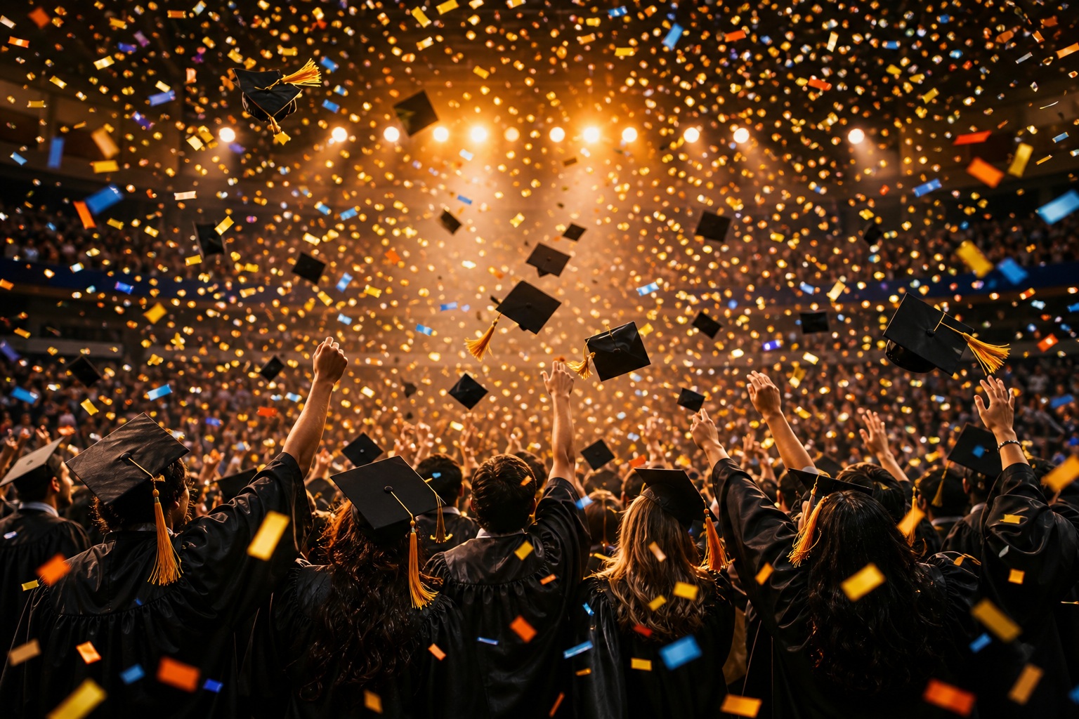 Graduates cheering under golden confetti and stage lights in an auditorium