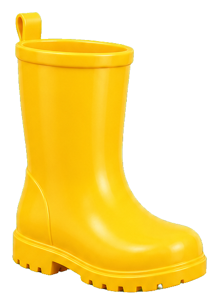 Bright yellow rain boot sticker with a tall shaft and treaded sole.