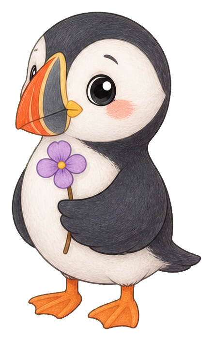 Cute puffin holding a purple flower with orange beak and feet
