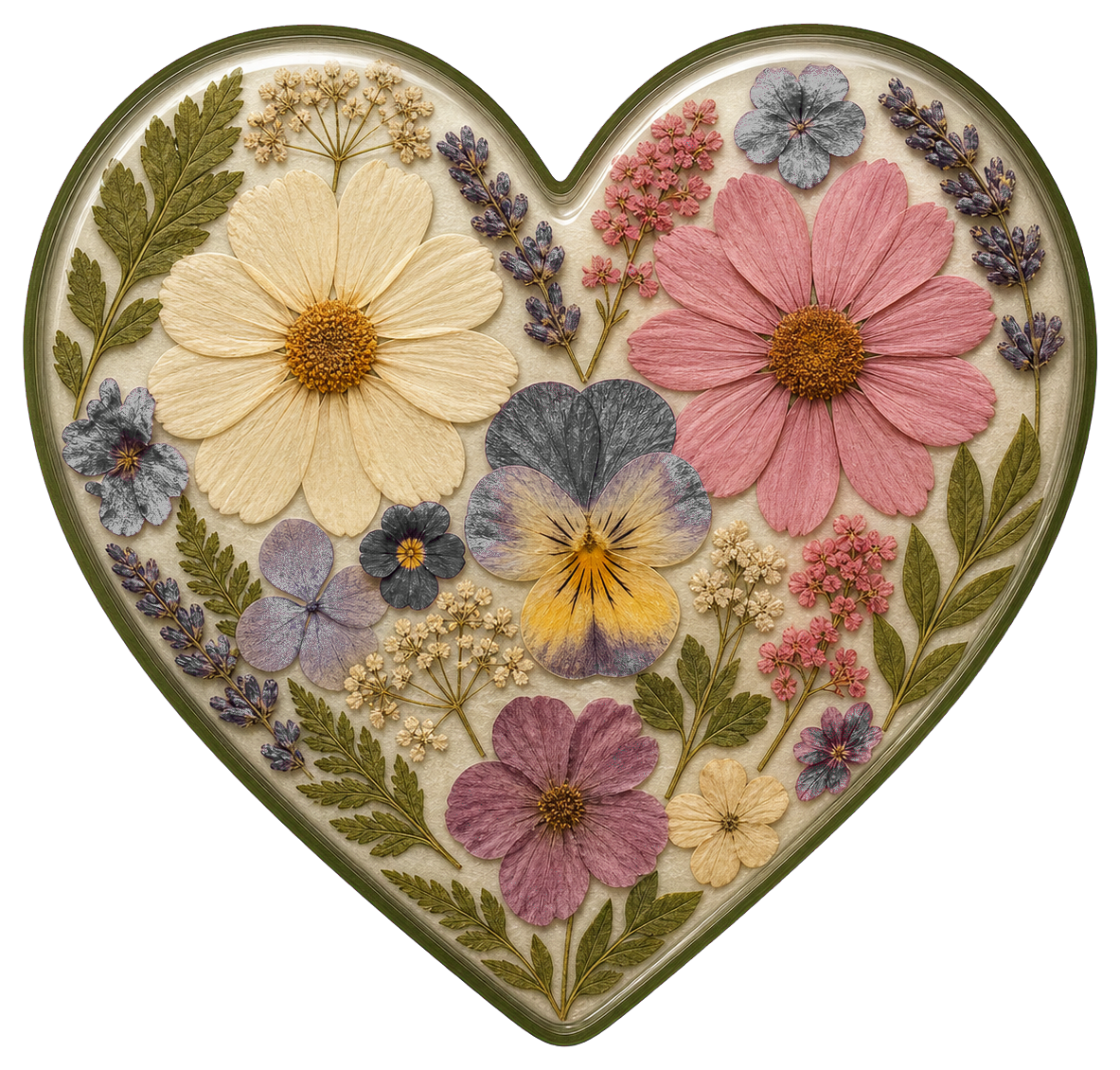 Heart-shaped sticker filled with pressed flowers and floral accents