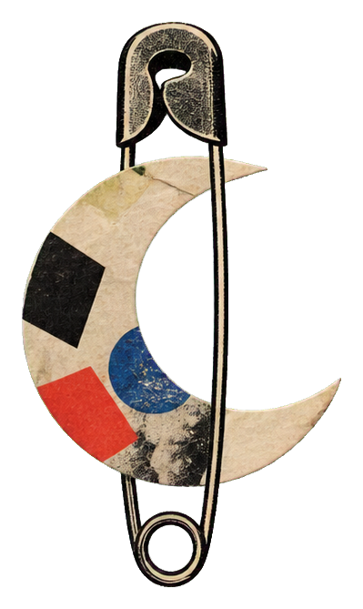 Collage-style safety pin with a crescent moon shape and colored paper textures.
