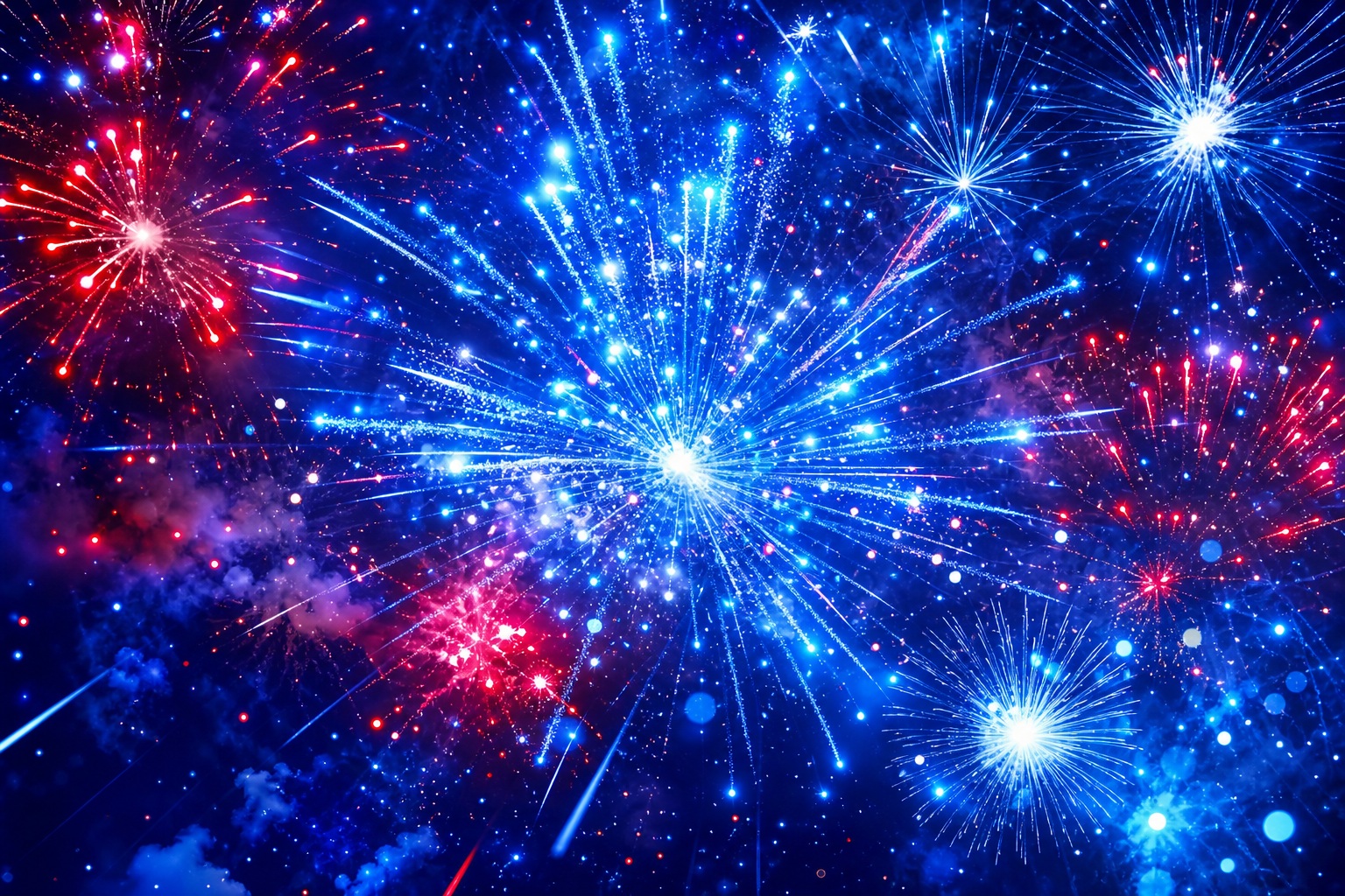 Blue, red, and white abstract fireworks bursting across a dark background