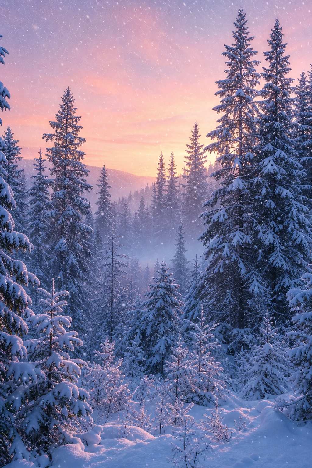 Preview for Pink Dawn Snowy Pine Forest Background