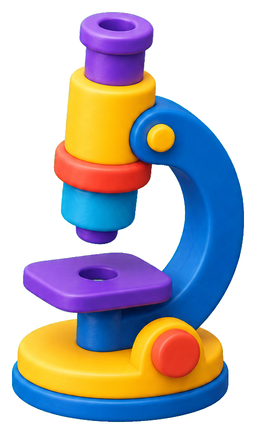 Colorful toy microscope with blue, yellow, purple, red, and orange parts on a white background.