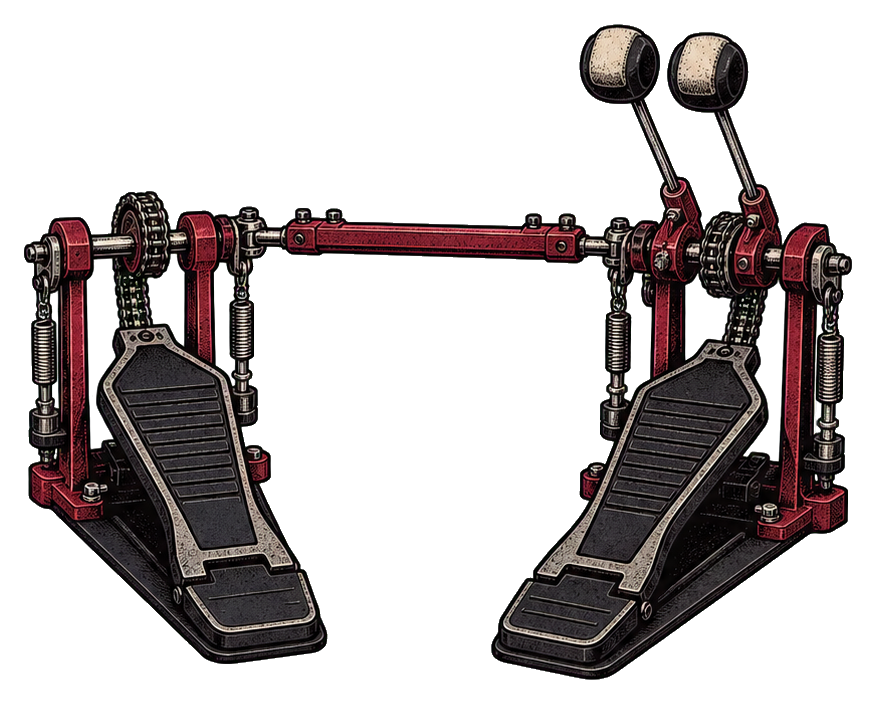 A pair of black double bass drum pedals connected by a red frame.
