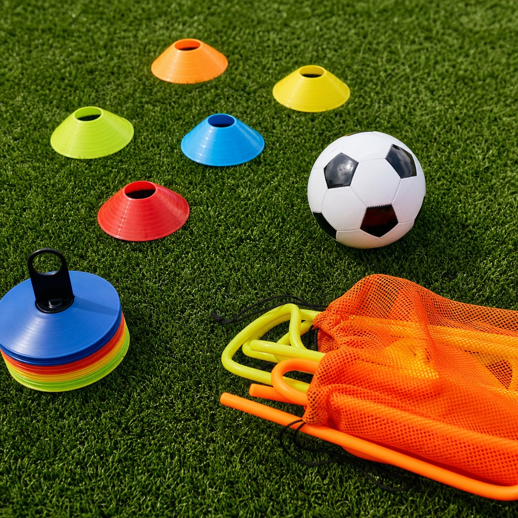 Soccer ball, training cones, agility rings, and a mesh vest on green turf