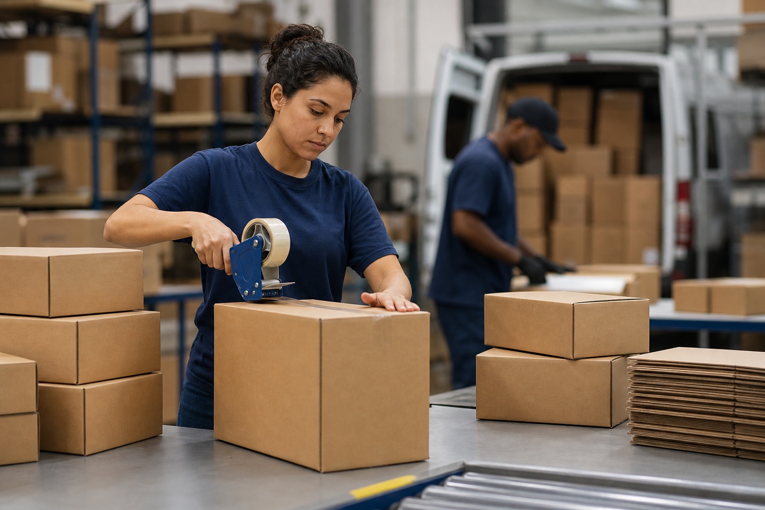 Two warehouse workers taping and packing cardboard boxes at a shipping table.