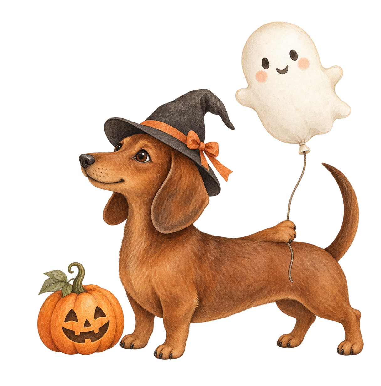 Preview for Watercolor Dachshund In A Witch Hat With A Ghost Balloon