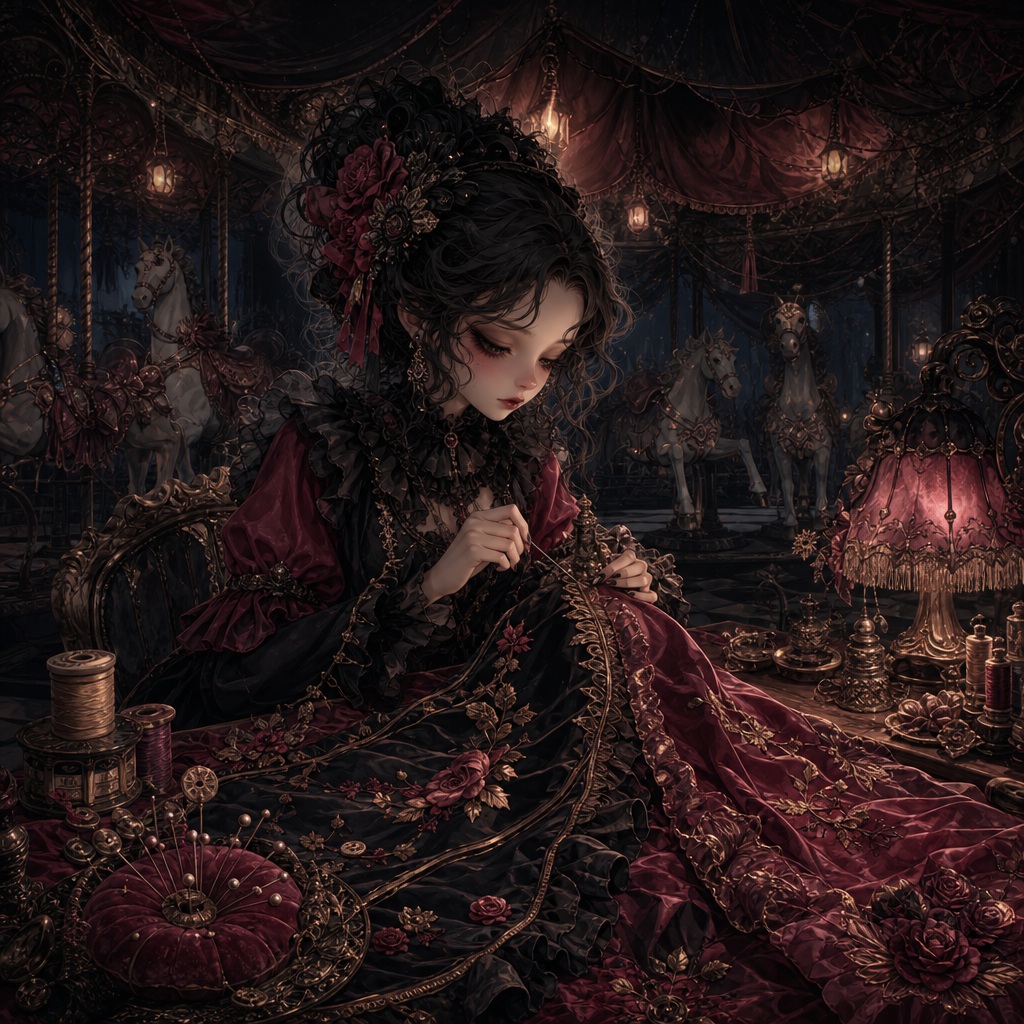 Gothic seamstress seated in a dim carousel-like room surrounded by candles and rich fabrics.