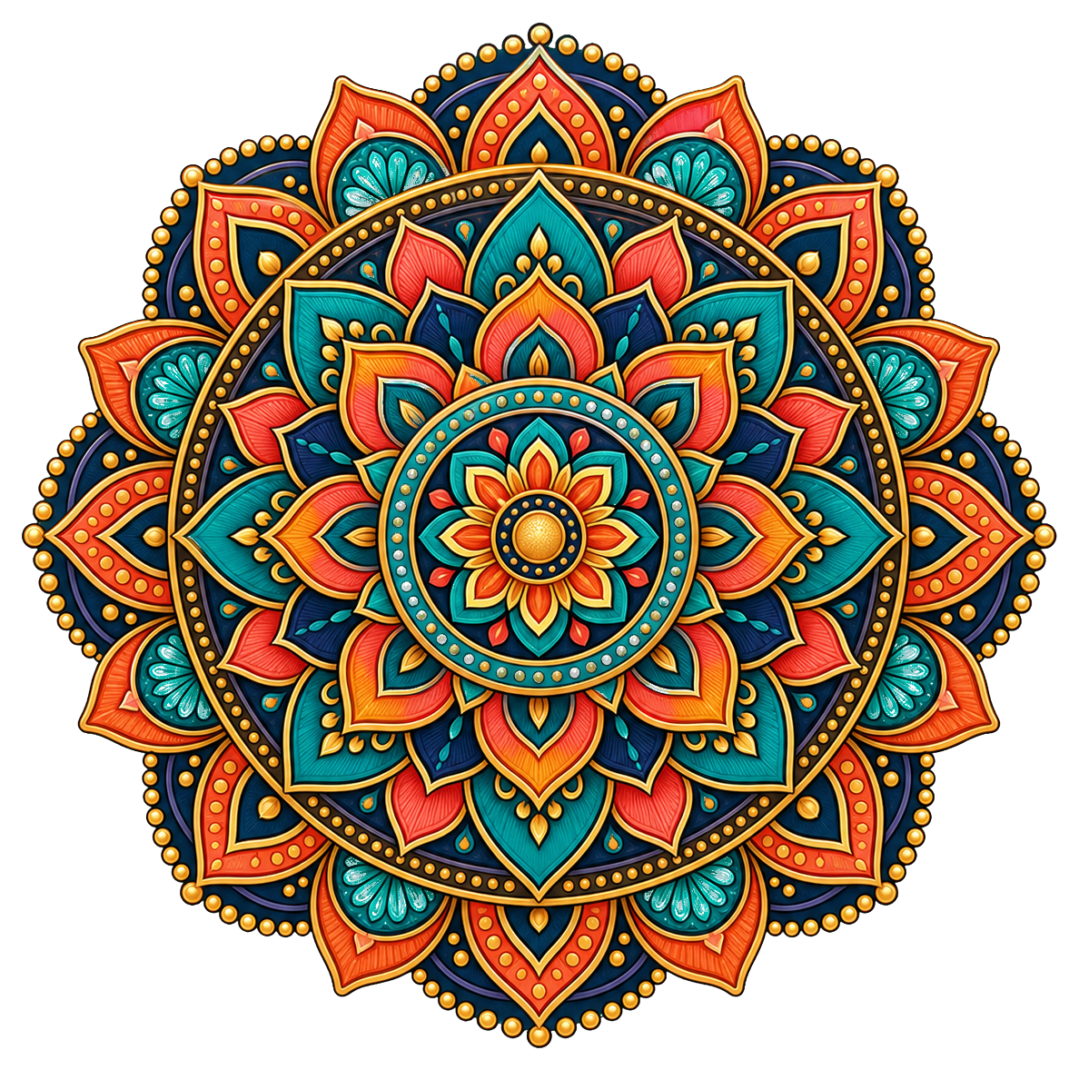 Colorful circular mandala with layered petals and dotted religious-inspired pattern