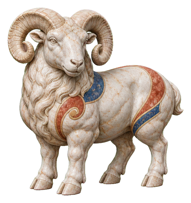 Sculpted ram with curled horns and painted decorative details
