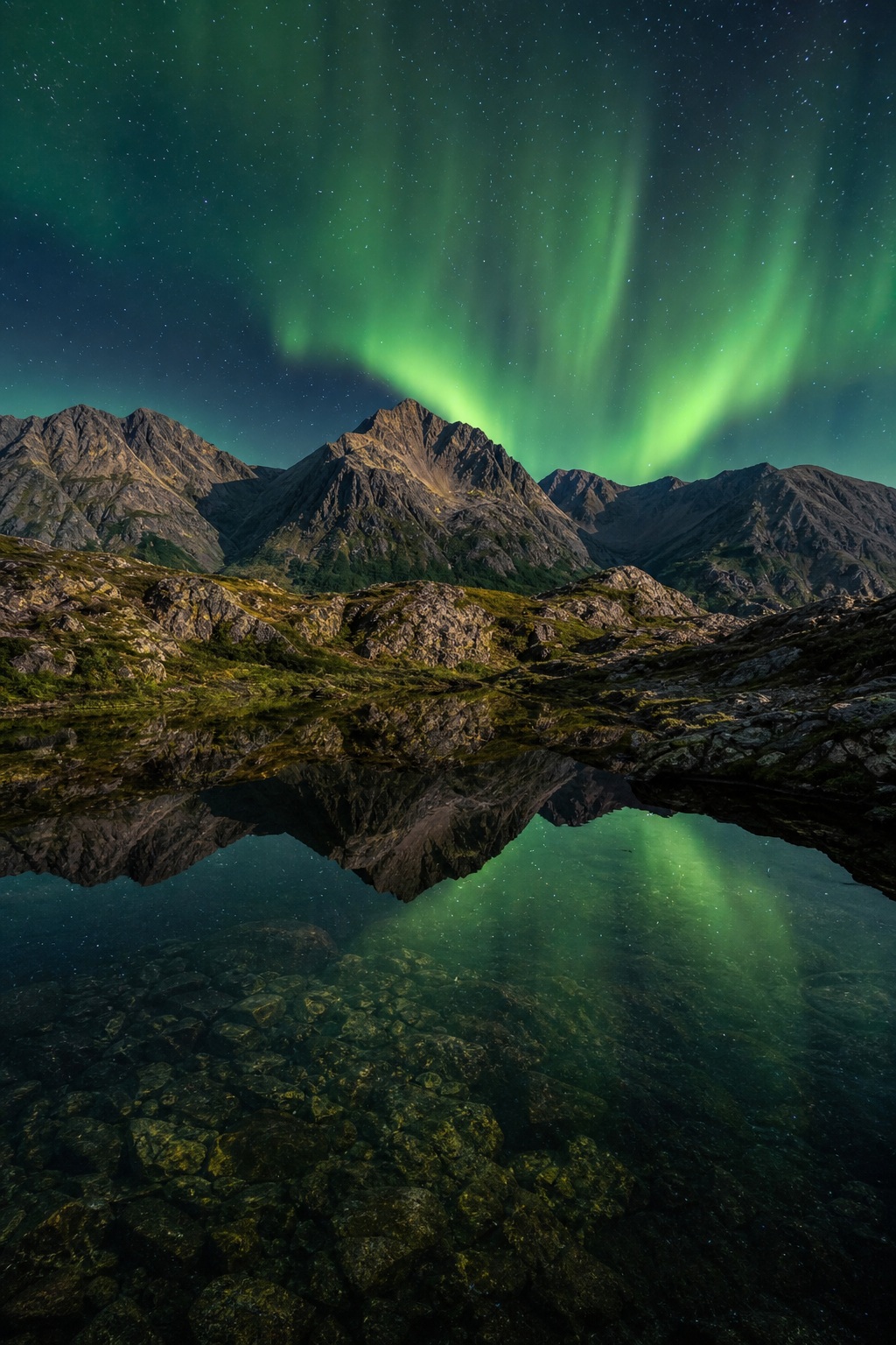 Northern lights above rugged mountains reflected in a still alpine lake.