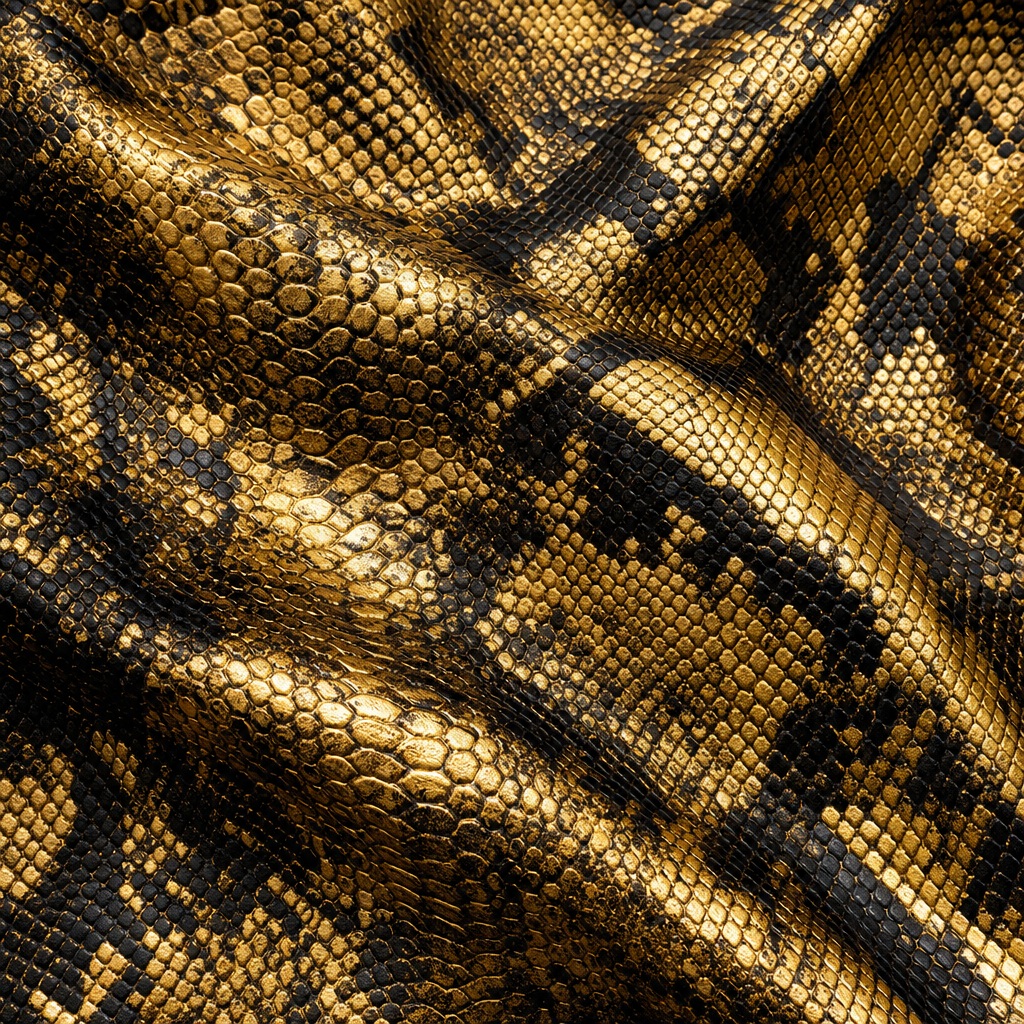 Gold and black snake print texture with metallic foil-like sheen