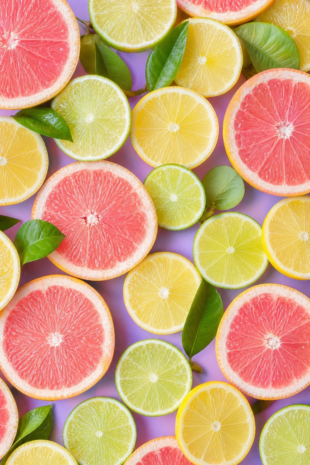 Overhead flatlay of grapefruit, lemon, and lime slices scattered on a soft lavender background