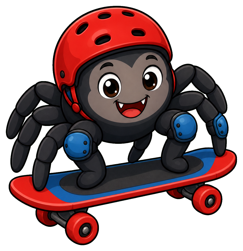 Cute cartoon spider wearing a red helmet riding a skateboard
