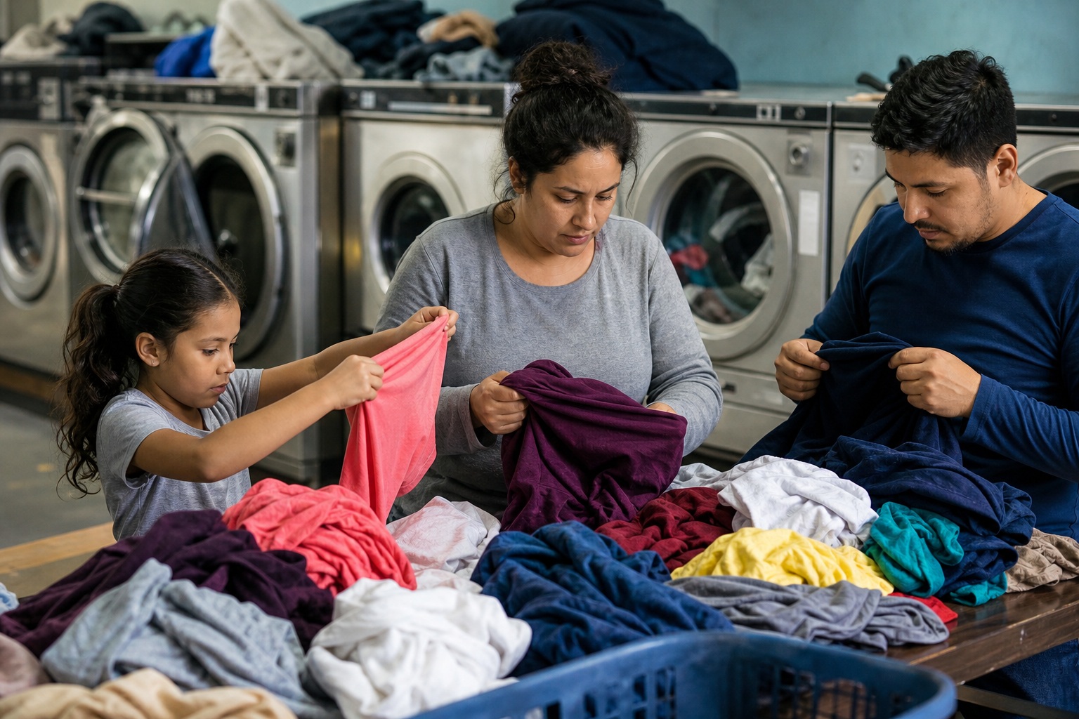 Family sorting colorful laundry together inside a busy laundromat