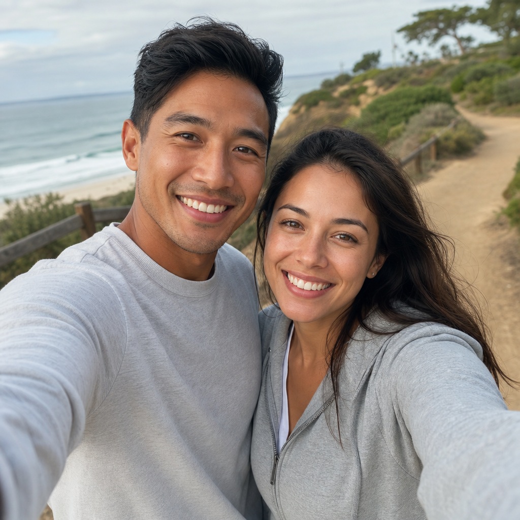 Smiling couple taking a selfie near the beach with cliffs and ocean behind them