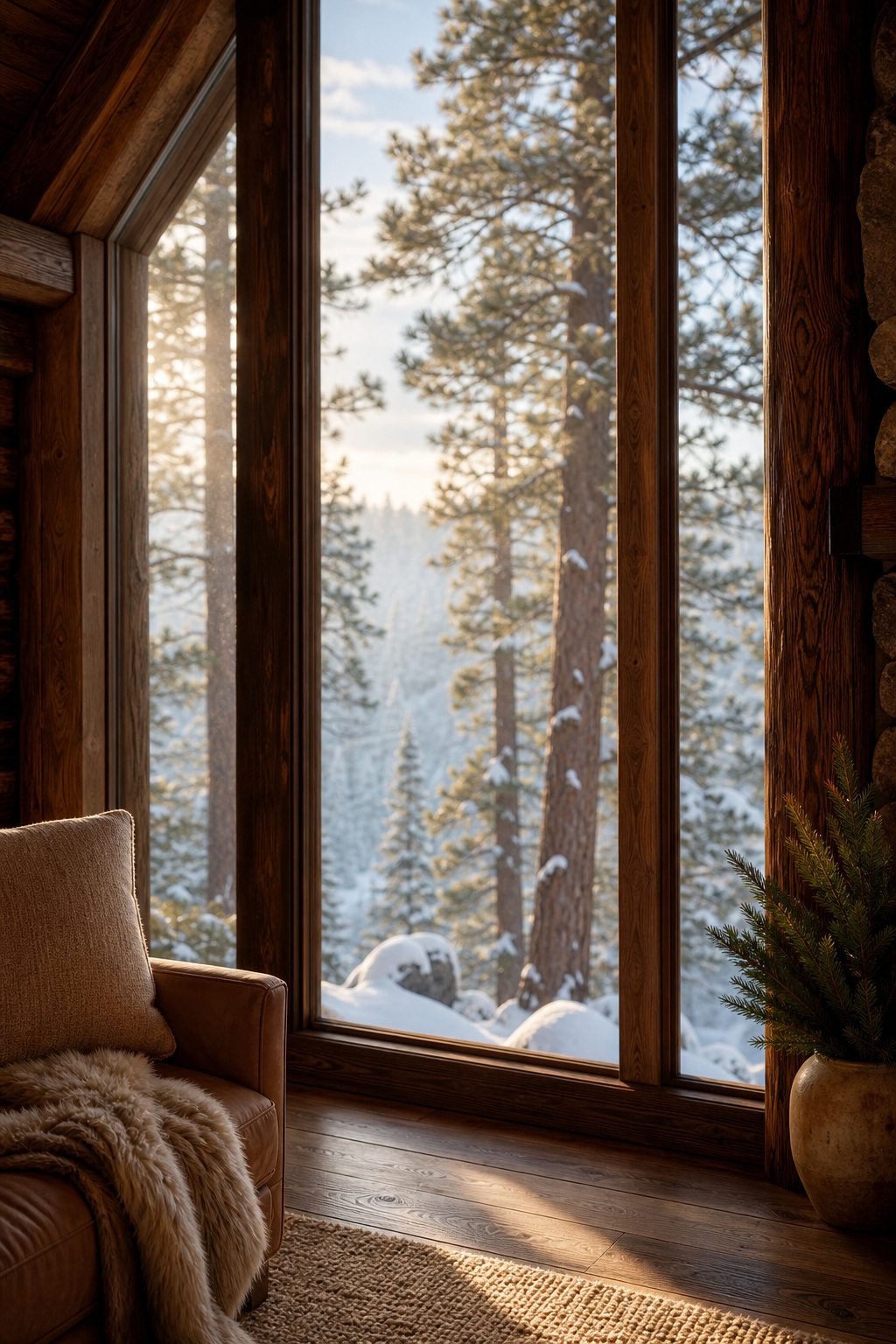 Cozy cabin interior with a tall window overlooking snowy pine trees.