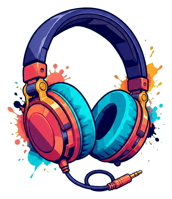 Colorful over-ear headphones with a microphone cord and paint splashes behind them