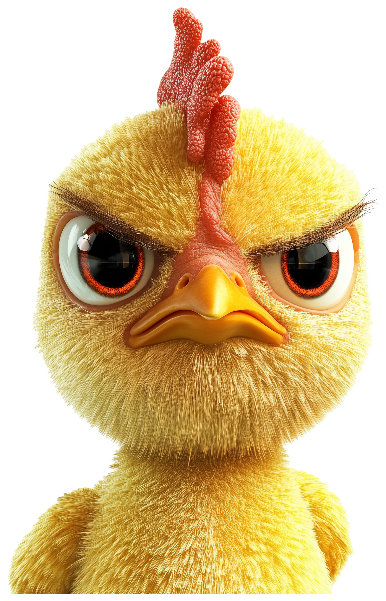 Cute 3D cartoon chicken with a fluffy yellow face and orange beak