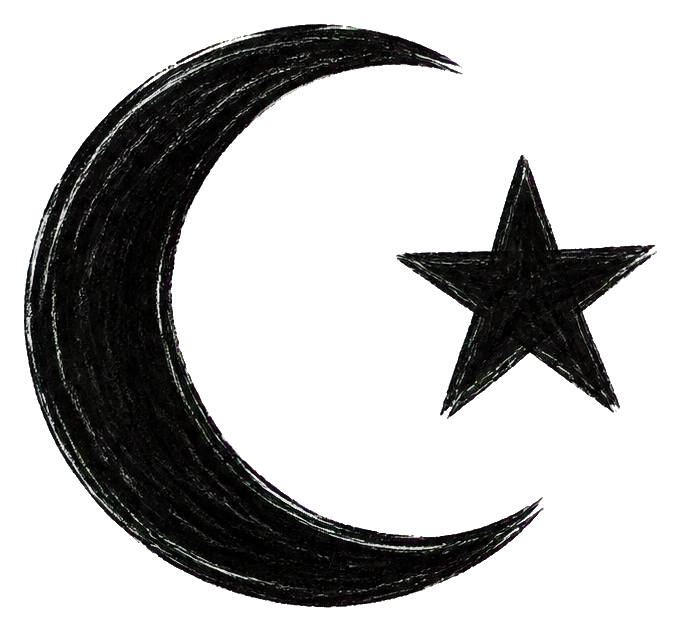 Black dry brush crescent moon with a small five-point star inside