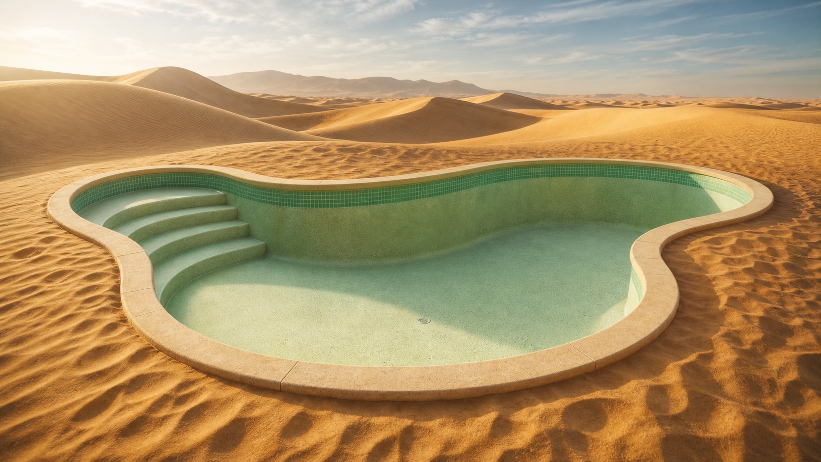 A surreal green pool carved into sand dunes under a bright desert sky.