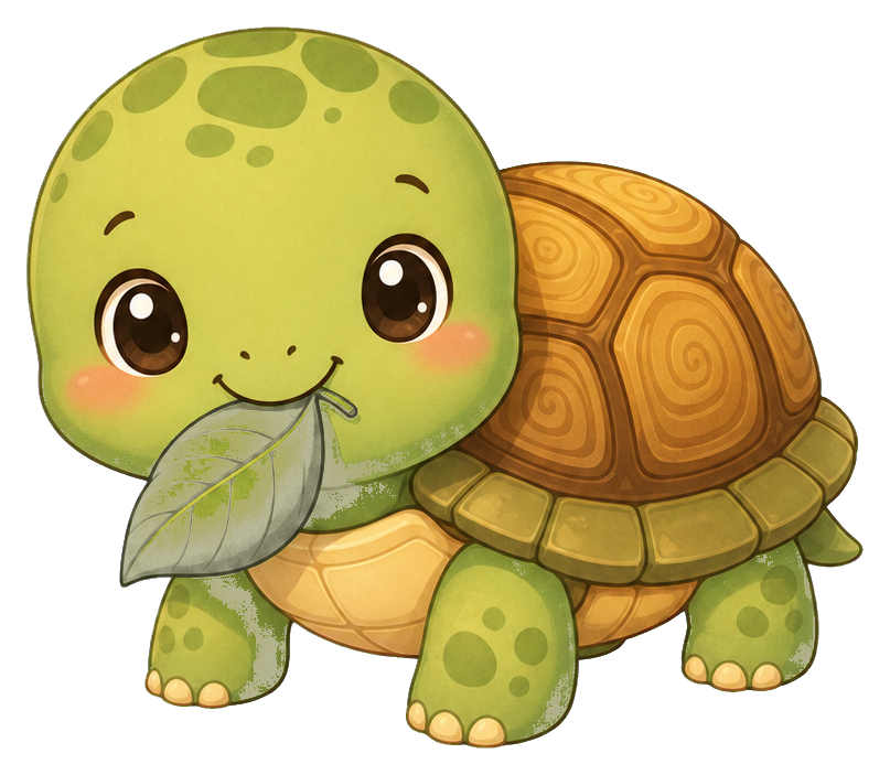 Cute kawaii turtle holding a leaf with a smiling face and patterned shell