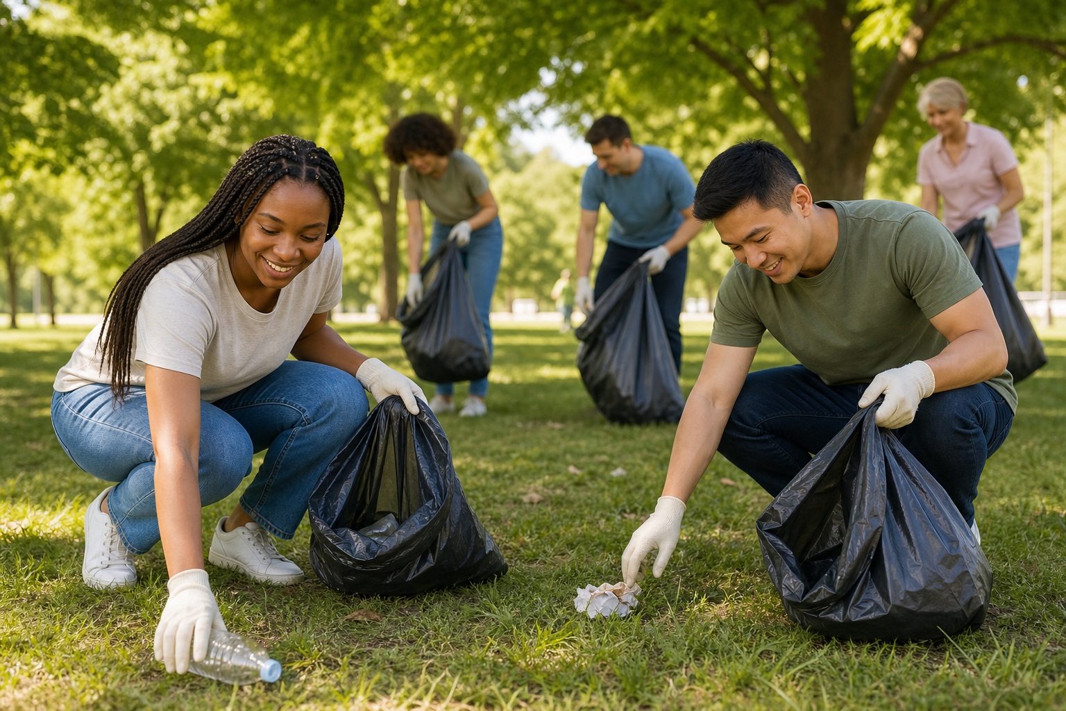 Volunteers in gloves picking up litter in a sunny park during a community cleanup