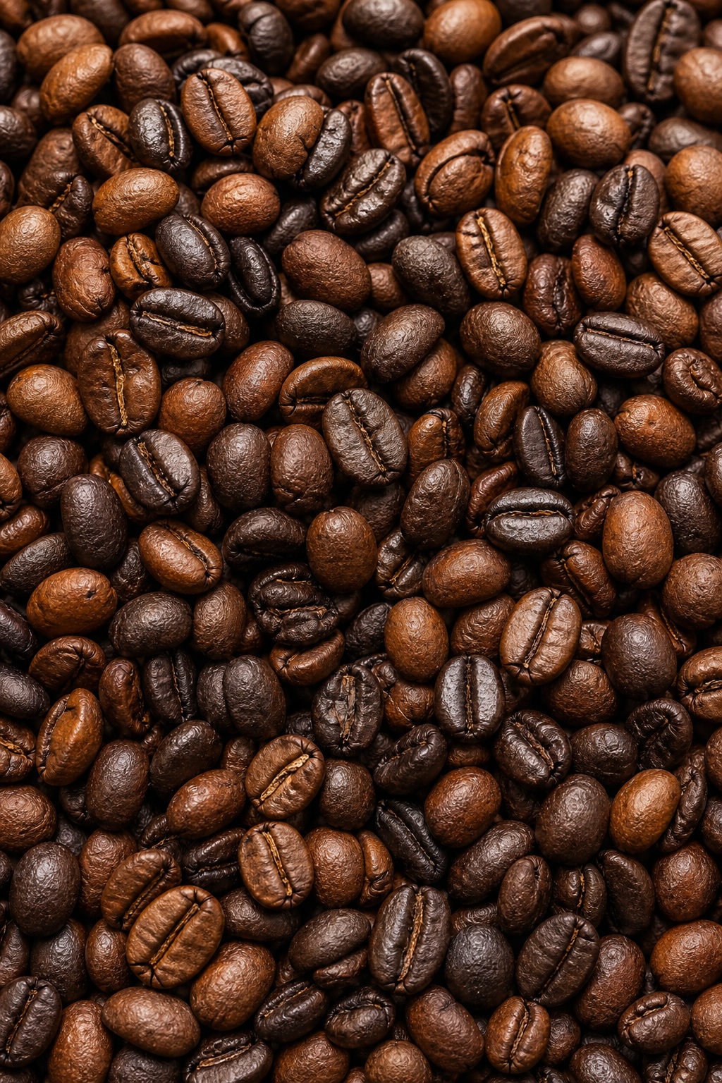 Close-up of roasted coffee beans filling the frame in a dark textured pattern.