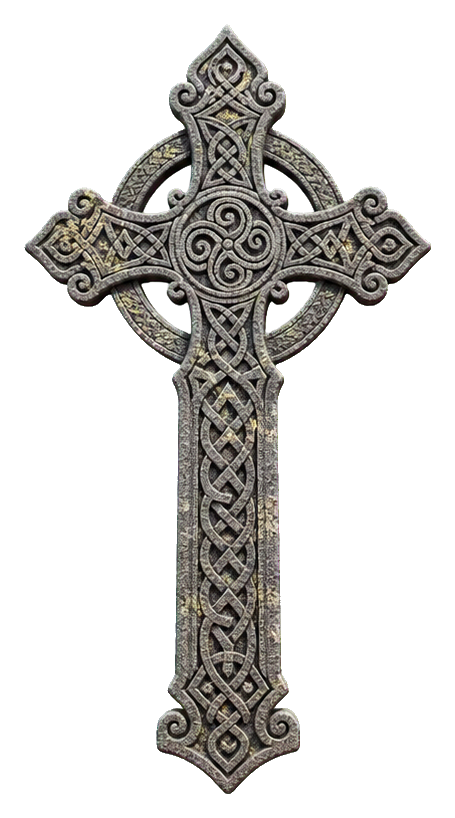 Ornamental carved high cross with decorative knotwork and a circular ring behind it
