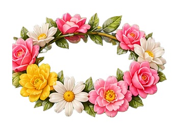 Colorful flower crown with pink, yellow, and white flowers arranged in a circular prop shape