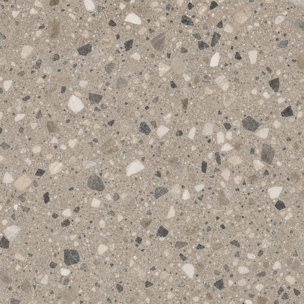 Neutral beige terrazzo background with small white, gray, and dark speckles