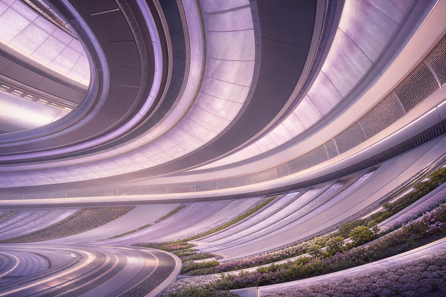 Curved futuristic habitat ring interior with orchid haze lighting and planted central area
