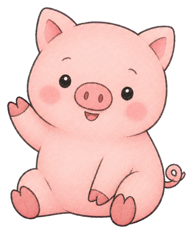 Cute blush pink pig waving with one hoof and sitting down