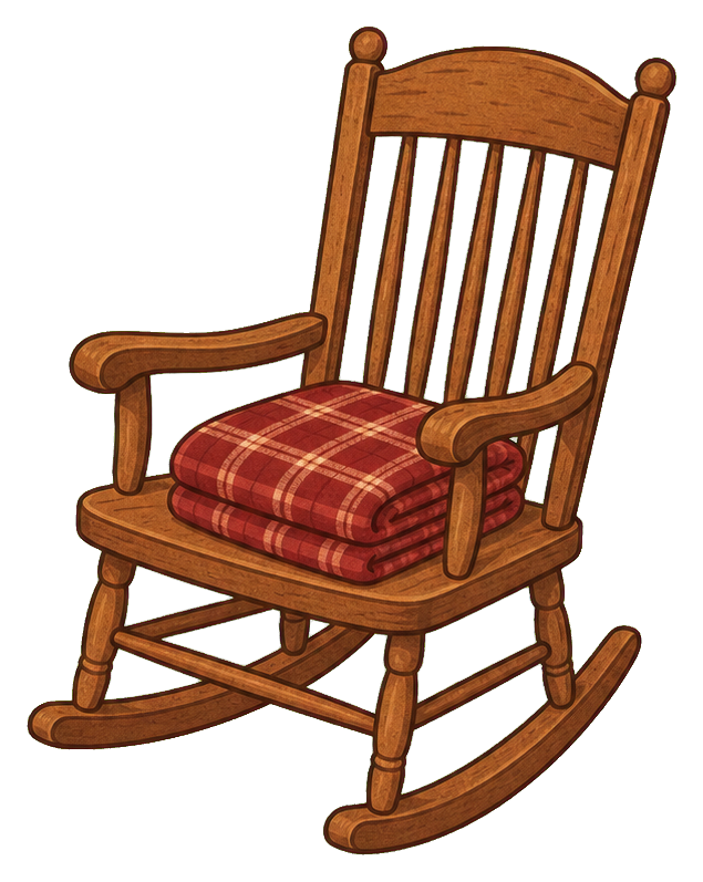 Wooden rocking chair with a red plaid cushion and blanket