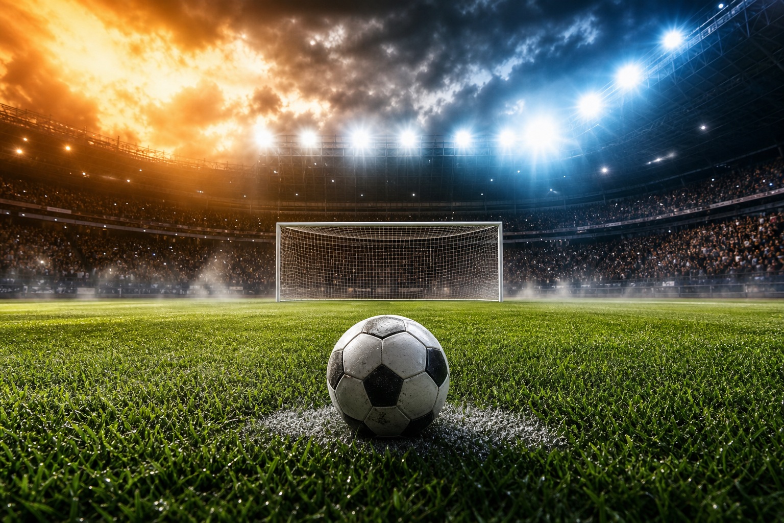 Soccer ball on turf in a stadium under bright lights near the goal