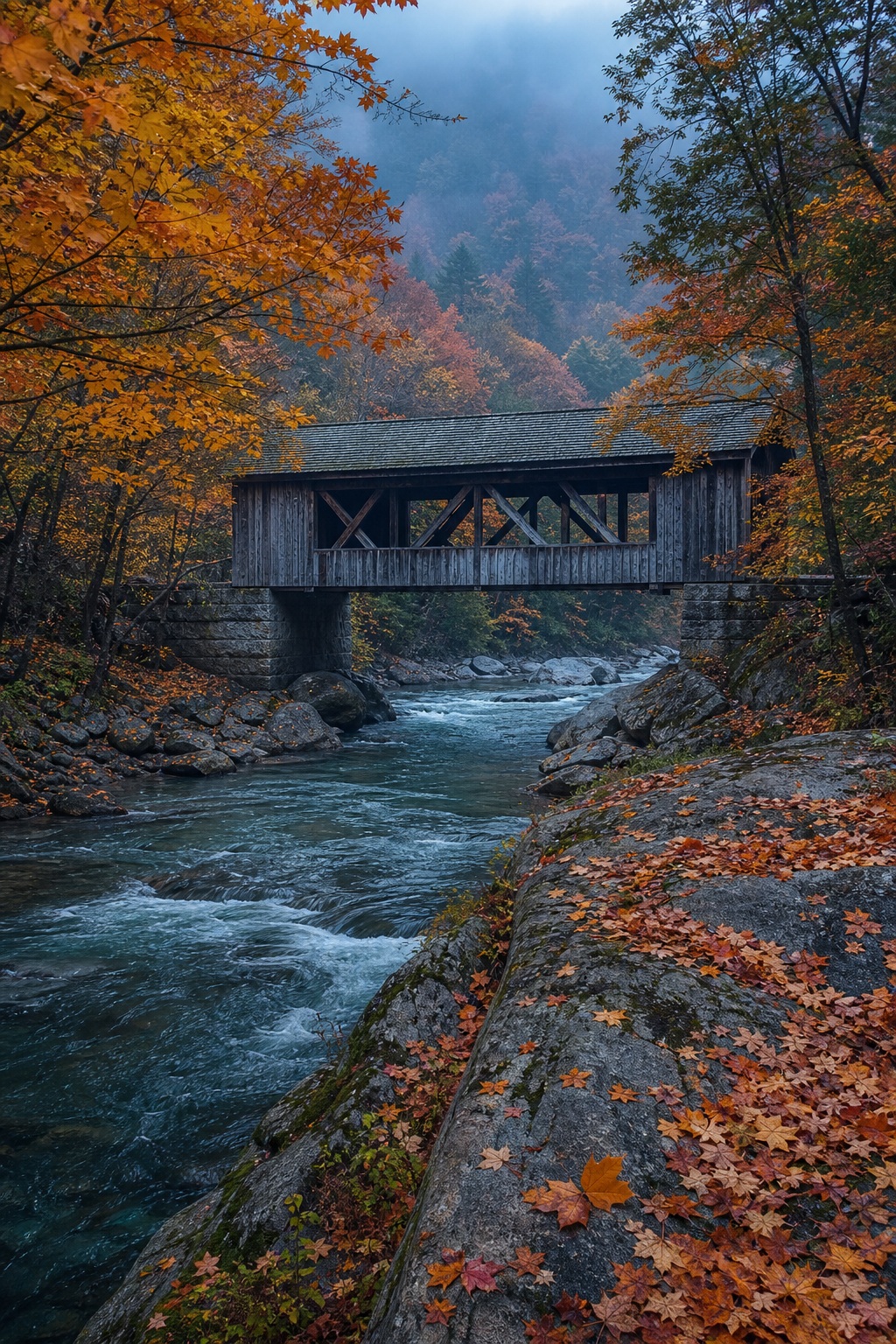 Covered bridge spanning a river in an autumn forest at cool twilight.