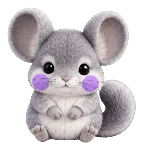 Cute gray chinchilla sticker with violet cheeks and a curled fluffy tail